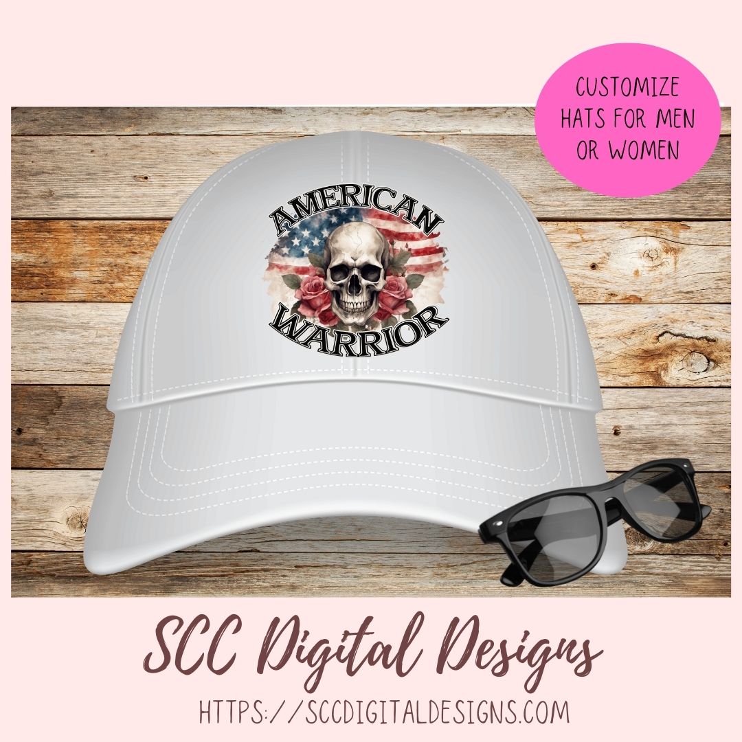 Skull PNG, American Warrior Clipart for Women, Rose Sublimation Design for Stickers for Girlfriend, Red White & Blue Flag for Wall Art