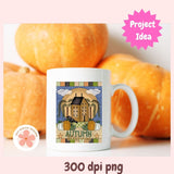 White mug with autumn-themed design in front of pumpkins, labeled 'Project Idea'.
