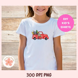 Child wearing a white t-shirt with a red truck graphic, standing against a wooden background. 'DIY Kids Shirts' text is visible.