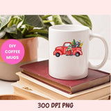 White mug with a red truck design on a stack of books, surrounded by plants.
