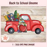 Illustration of a gnome in a red truck with school supplies on a wooden background, labeled 'Back to School Gnome'.