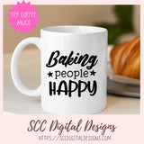 White mug with 'Baking people HAPPY' text, placed on a surface with a blurred background.