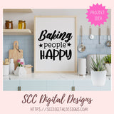 Kitchen scene with a framed sign saying 'Baking people happy' and SCC Digital Designs branding.