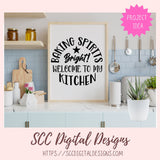 Framed sign with 'Baking Spirits Bright! Welcome to my Kitchen' text in a kitchen setting, with SCC Digital Designs branding.