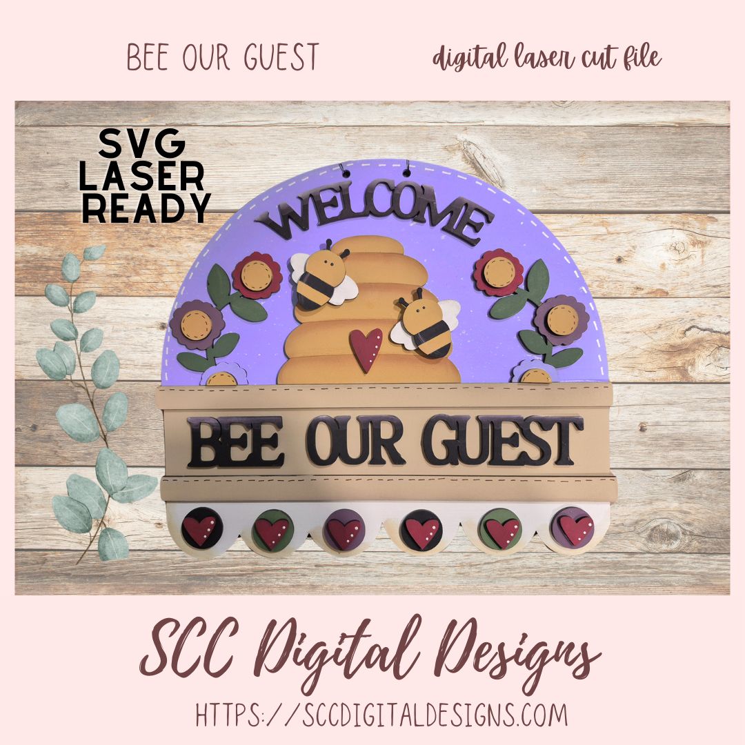 Decorative sign with bees and flowers on a wooden background, featuring text 'Bee our Guest' and 'Welcome'.