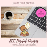 Cute Teddy Bear PNG, Birthday Balloons, Presents, Cupcakes Clipart for Paper Crafting for Parties, Whimsical Wildlife Clip Art for Digital Scrapbooking