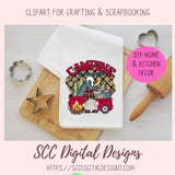 Camping Gnome Clipart with wordart mountains moon camp fire and a vintage red truck 1 design in 300 dpi png format