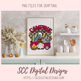 Camping Gnome Clipart with wordart mountains moon camp fire and a vintage red truck 1 design in 300 dpi png format