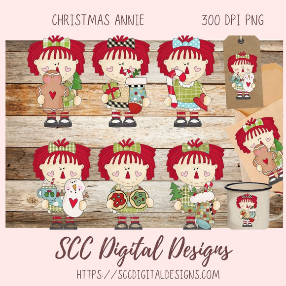 Annie Clipart for Stickers for Kids, Christmas Cookies, Stocking, & Snowmen PNGs for Paper Crafting for Women, Primitive Doll Clip Art for