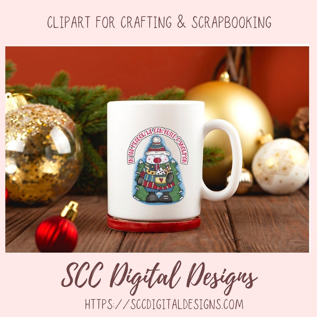Cute Winter Snowman Clipart - Cute Snow Man Christmas Cocoa Mug & Christmas Tree, DIY Christmas Cards Stickers and Home Decor Wall Art
