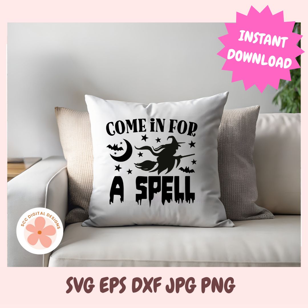White pillow with 'Come in for a spell' text on a couch, with a digital design studio logo and product formats listed.