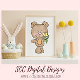 Easter Pals Digital Clipart & Digi Stamps, Bunny, Whimsical Bear, Colored Eggs, Spring Flowers PNGS for Sublimation, Background Papers