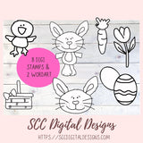 Easter Pals Digital Clipart and Digi Stamps, Wordart Bunnies Whimsical Bear Colored Eggs, Spring Flowers PNGS for Sublimation, Background Papers