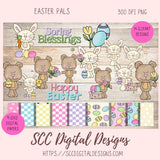 Easter Pals Digital Clipart and Digi Stamps, Wordart Bunnies Whimsical Bear Colored Eggs, Spring Flowers PNGS for Sublimation, Background Papers