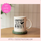 White mug with black text and rooster design on a wooden surface, with a pink 'DIY Coffee Mugs' label.