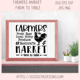 Framed sign with 'Farmers Market' text and rooster illustration on a light gray background.