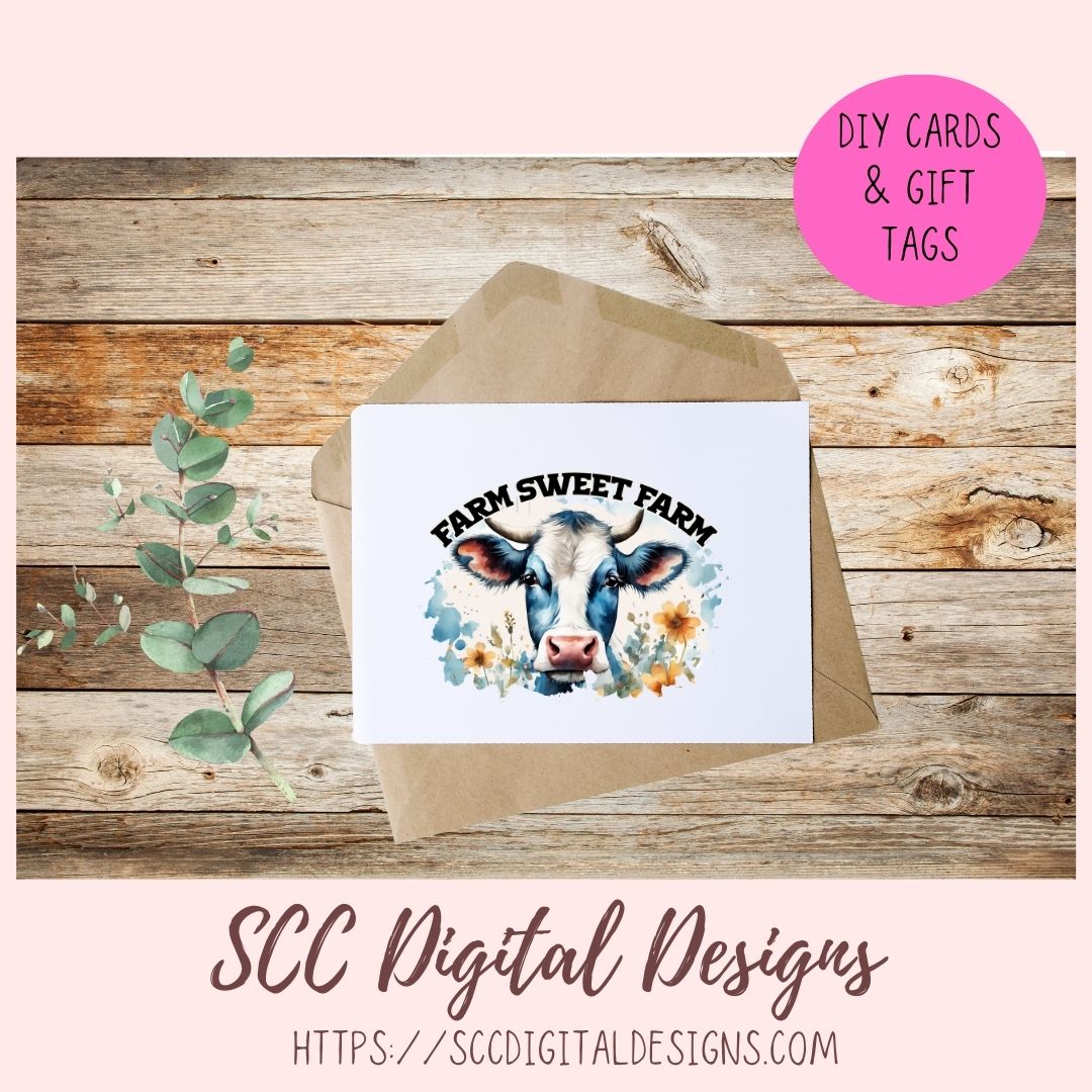 Farm Sweet Farm PNG Sublimation Black and White Cow with Wildflowers Clip Art for Home Decor Clipart for Mugs for Women DIY Wall Art for Mom