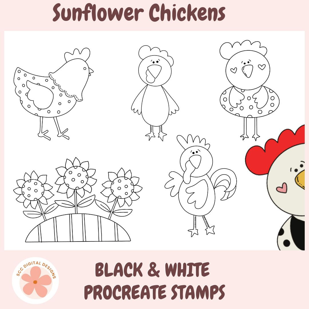 Black and white procreate stamps of sunflower chickens on a pink background with 'Sunflower Chickens' text.