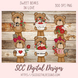 Whimsical Bears Clipart, Love Letter, Red Roses, Chocolate Candies Clip Art for Sublimation for Stickers, Cute PNG Designs for Kids Shirts