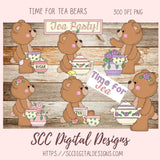 Whimsical Bear Clipart, Time for Tea PNG Designs for Stickers & Printables, Teapots Tea Cups Wordart for Sublimation Tumblers, Digital Scrapbooking & Paper Crafting
