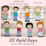 Kids Clipart, Diverse Boys & Girls PNG, Waving Children Digi Stamps, DIY Coloring Pages for Preschoool or Homeschool Activities