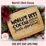 Wooden sign with 'World's Best Cocoa' text surrounded by Christmas decorations