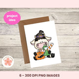 Black & White Halloween Bitty Cows Clipart – PNGs with Spooky Pumpkins, Love Potion & Jack-o’-Lanterns PNG for Sublimation, Halloween Party Printables