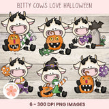 Black & White Halloween Bitty Cows Clipart – PNGs with Spooky Pumpkins, Love Potion & Jack-o’-Lanterns PNG for Sublimation, Halloween Party Printables
