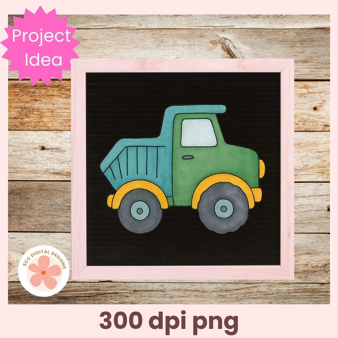Colorful toy truck on a black background with a pink border, on a wooden surface.
