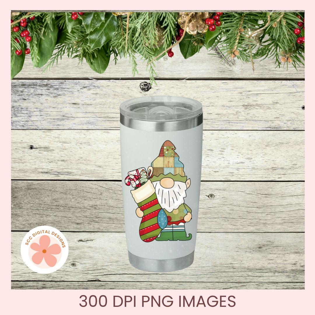 A stainless steel tumbler with a clear lid, featuring a colorful cartoon gnome graphic, shown on a rustic wood background with a green pine garland at the top. Text at the bottom reads '300 DPI PNG IMAGES' and a circular logo says 'SVG DIGITAL DESIGN'.