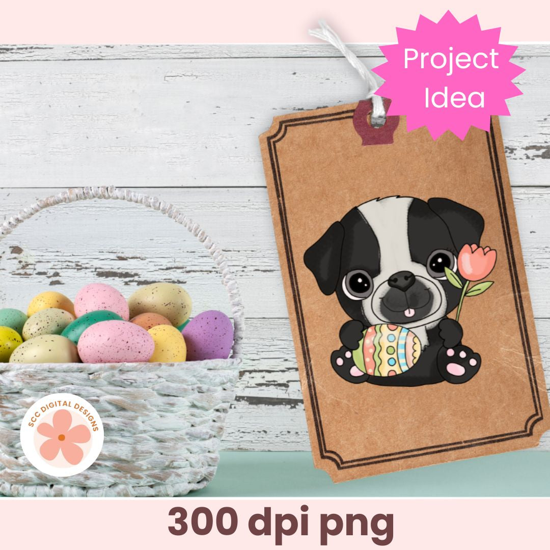 Card with a cartoon dog holding an Easter egg and a tulip, next to colorful Easter eggs on a wooden surface.
