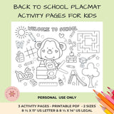 Back to School Printable Placemats – First Day of School Activity Sheets with Coloring, Maze, and Tic-Tac-Toe