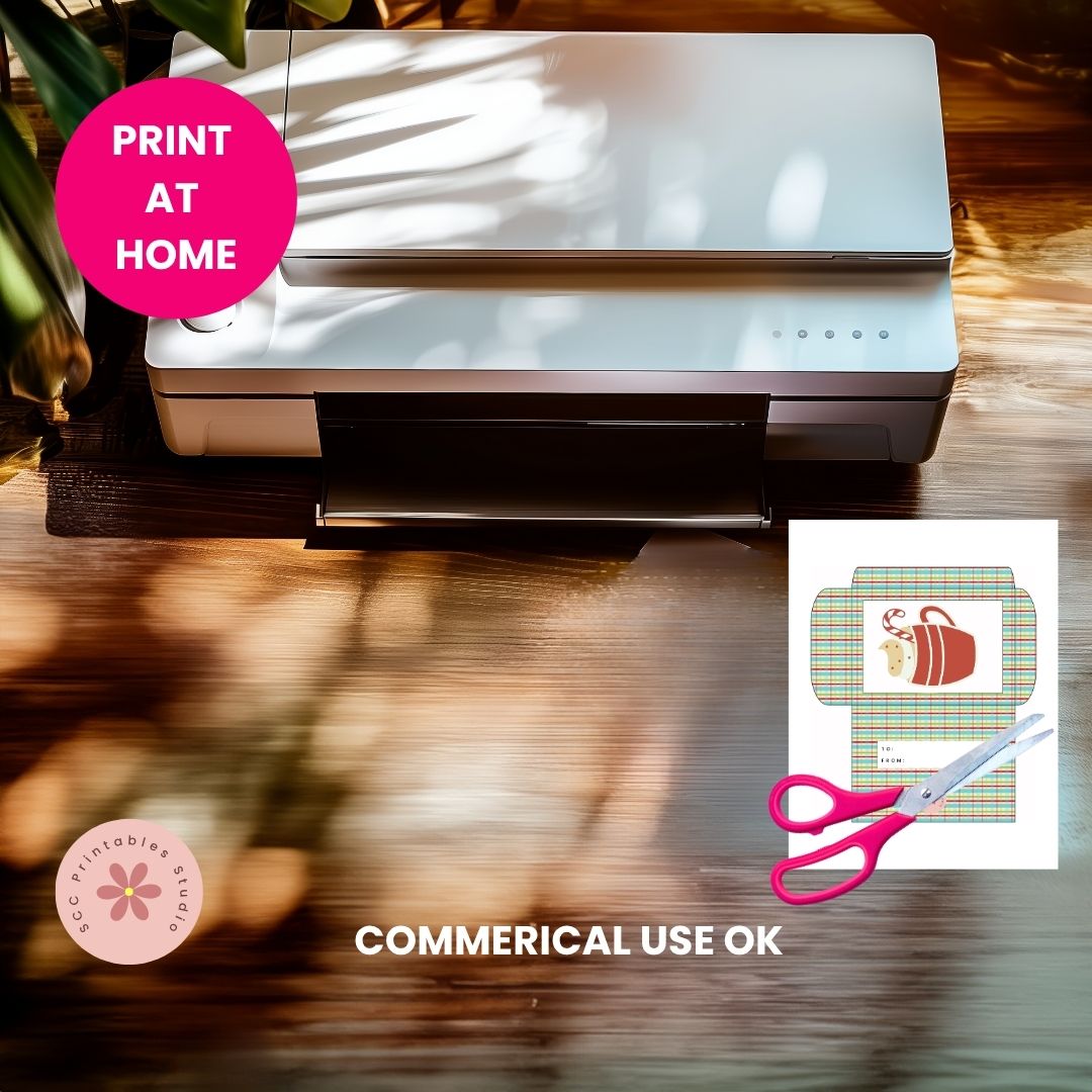 Printer on a wooden surface with a 'Print at Home' label and a small graphic of scissors and printed design.
