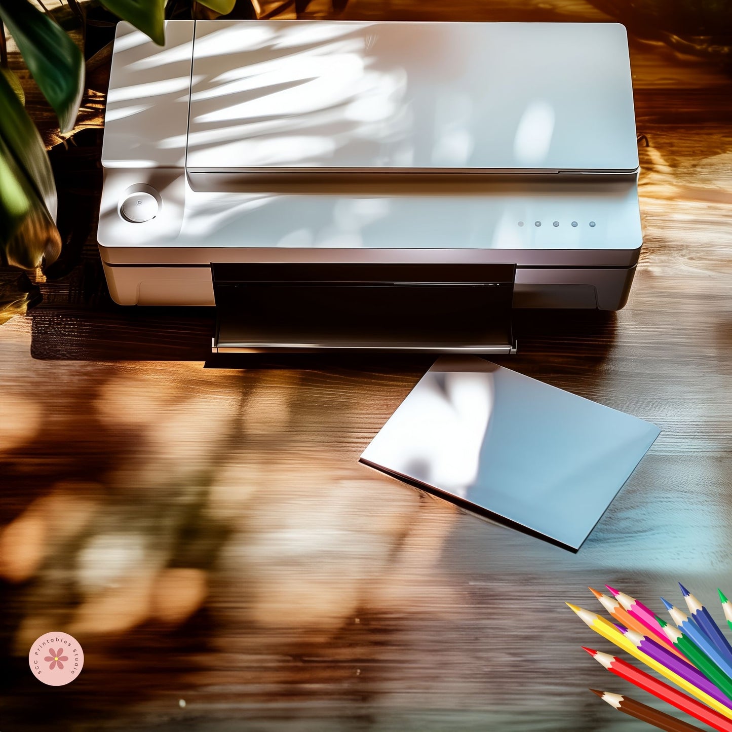 Printer on a wooden surface with a sheet of paper and colorful pencils nearby