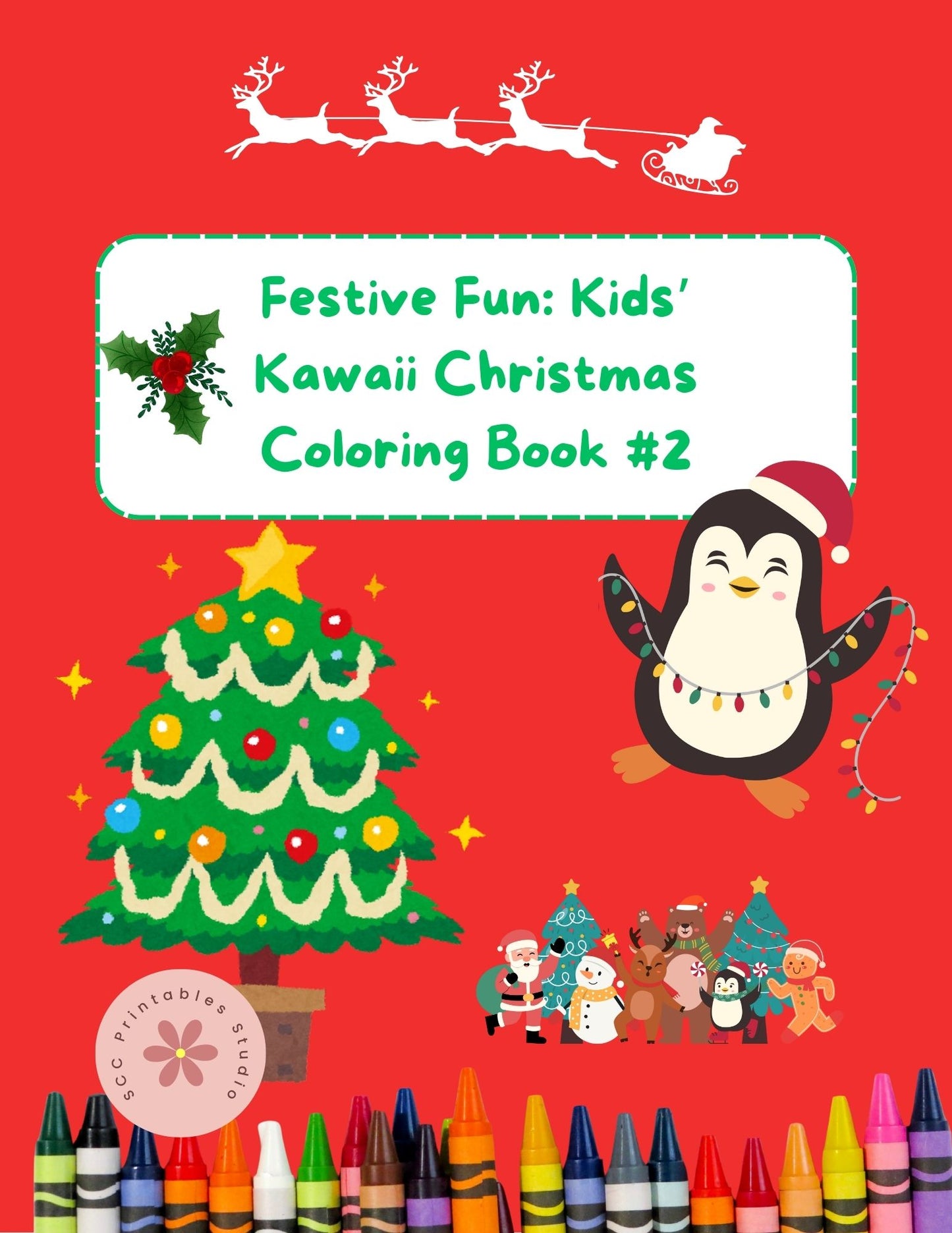 Coloring book cover with Christmas-themed illustrations and text on a red background.