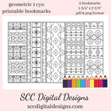 Geometric 1 Coloring Printable Bookmarks -  School Holiday Party Gift - Teacher Resources Printables - Bookclub Gild - Book Lover Gift