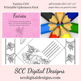 Fairies CYO Printable Ephemera, 6 Page PDF Set Includes - Tags, Envelopes, Journal Page, Bookmarks, Postcards & Stamps, Instruction Sheet, Personal & Small Business Use, Great for Junk Journaling