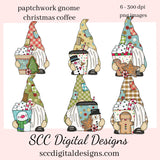 Patchwork Gnomes Christmas Coffee, Xmas Cookies, Snowman, Candy Canes, DIY Mugs, Instant Download, Commercial Use, Clip Art PNG, Digi Scrap