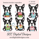 Boston Terrier Loves Cupcakes, Cherry Topped Cupcake, Frosting, Kitchen Utensils, Instant Download, Commercial Use, Clip Art PNG, Digi Scrap, Craft Supplies, Scrapbook Elements