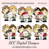 Christmas Kids Love Snowmen Clipart, Boys, Girls, Snowman, DIY Xmas Printables, T-Shirt & Hoodie Design, Teacher Resources, Instant Download, Commercial Use, Exclusive Clip Art Set, Craft Supplies, Scrapbook Elements, Personal Use
