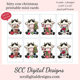 Bitty Cow Birthday Printable Mini Cards - 2 Sets of 8 Mini Cards With 4 Images, One Set Add Your Own Text, and One Set with Merry Christmas, and Happy Holidays, Stockings, Xmas Presents, Holiday Candy, Christmas Tree, and Cookies, Instant Download, Commercial Use - Each Mini Card is approximately 3.5 inch x 2.4 inch each