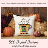 Halloween Mugs Clipart, Spooky Pumpkins Green Monster Bat, Witch, Cocoa Mug, Hot Chocolate, Instant Download, Commercial Use Clip Art Set