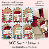 Printable Christmas Gift Tags, Xmas Gnome, Santa Hat, Hot Cocoa Mugs, Print at Home Gift Tag, Instant Download, Commercial Use Printables, DIY Gift for Her, Each Tag is approximately 4" x 2 1/2" each  Print on sticker paper for sticker gift tags!!