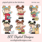 In the Kitchen PNG, Pigtail Girls, Eggs, Chicken, Utensils, DIY Gift for Her, DIY Printables, Exclusive Clipart Set, Instant Download, Commercial Use Clip Art, Scrapbook Elements, Craft Supplies, Personal Use
