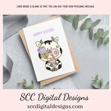 Our printable Easter greeting cards designs are ready for you to download, print, and add your unique message. Our whimsical Black and White Cow Easter Card has a paint brush, colored egg, and a purple tulip is a Printable Easter Card, with Happy Easter. Whimsical Art, Cow Card, Print at Home Cards, DIY Gift Card, Blank Card PDF, DIY Gift for Her, Easter Cards, Easter Printables, Instant Download, Blank Cards Download