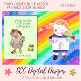 Our funky chicken in the garden coloring pages are great kids home school activities, have a coloring contest birthday party, or create a colored story book for grandma. These funky chickens are large format images that will appeal to toddlers, preschoolers, and kids of all ages. Our coloring books come to you in a Printable PDF format that you download, and print right at home.