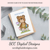 Our printable Easter greeting cards designs are ready for you to download, print, and add your unique message. Our whimsical Easter Bear has tulips, colored eggs, and spring flowers is a Printable Easter Card, with Easter Blessing Bear, Whimsical Art, Print at Home Cards, DIY Gift Card, Blank Card PDF, DIY Gift for Her, Easter Cards, Easter Printables, Instant Download, Blank Cards Download