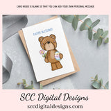 Our printable Easter greeting cards designs are ready for you to download, print, and add your unique message. Our whimsical Easter Bear has tulips, colored eggs, and spring flowers is a Printable Easter Card, with Easter Blessing Bear, Whimsical Art, Print at Home Cards, DIY Gift Card, Blank Card PDF, DIY Gift for Her, Easter Cards, Easter Printables, Instant Download, Blank Cards Download