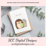 Our printable Easter greeting cards designs are ready for you to download, print, and add your unique message. Our whimsical hedge hog has colored eggs, a tulip, and an Easter Basket, is a Printable Easter Card, with Happy Easter Hedge Hog, Whimsical Art, Print at Home Cards, DIY Gift Card, Blank Card PDF, DIY Gift for Her, Easter Cards, Easter Printables, Instant Download, Blank Cards Download