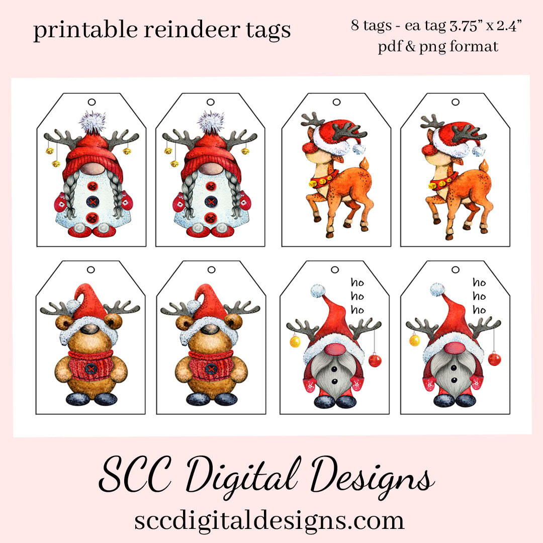printable tags with christmas reindeer - 8 tags with 4 images